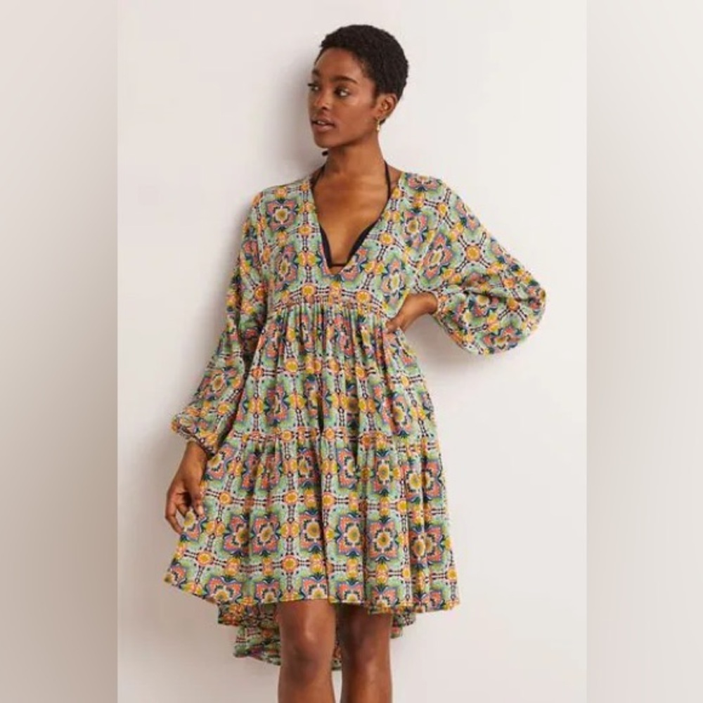 Boden Multicolor Floral Tile-Print Long Sleeve Mini Dress